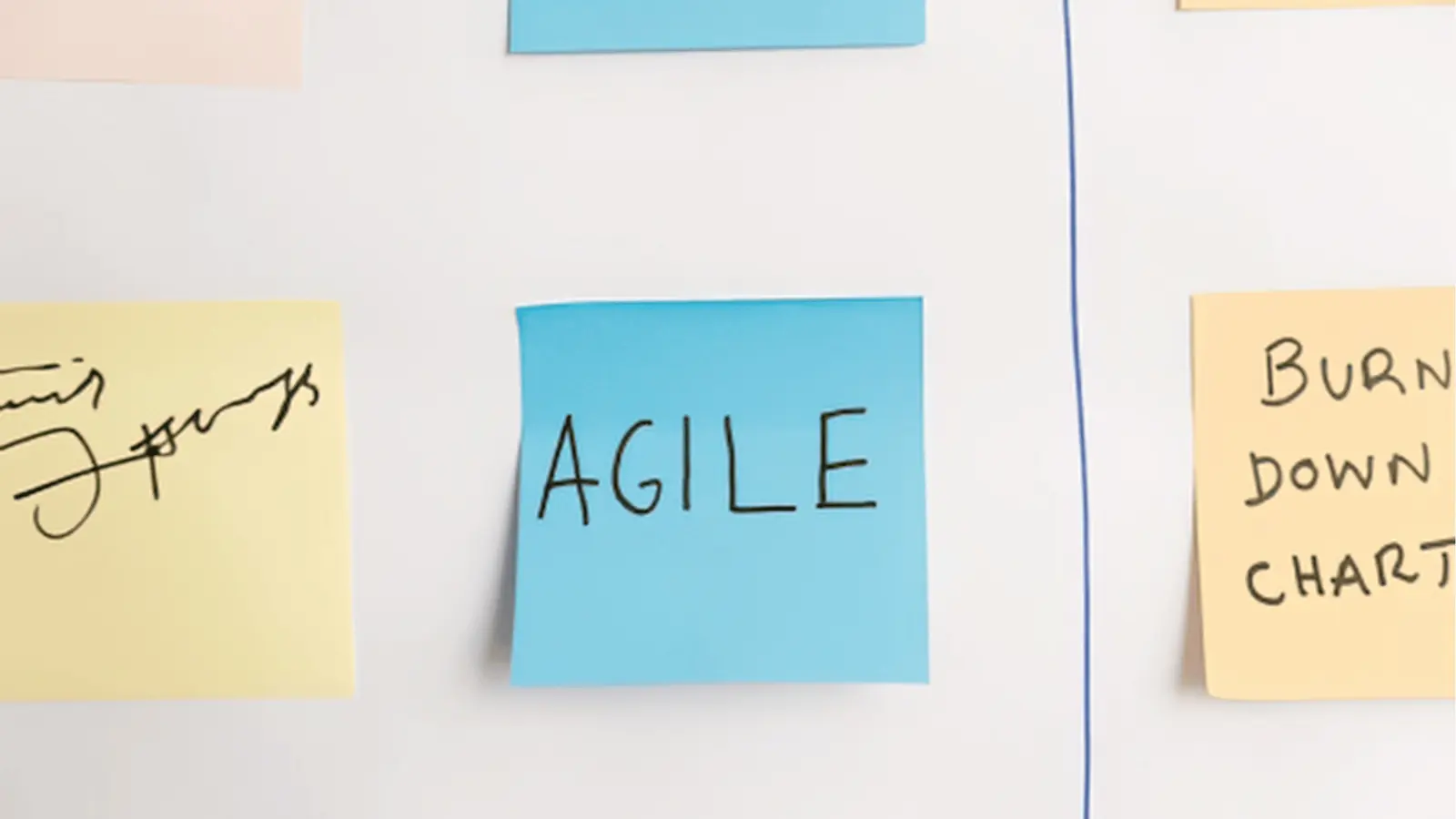 Blue sticky note reading 'AGILE' on whiteboard between other notes for automation