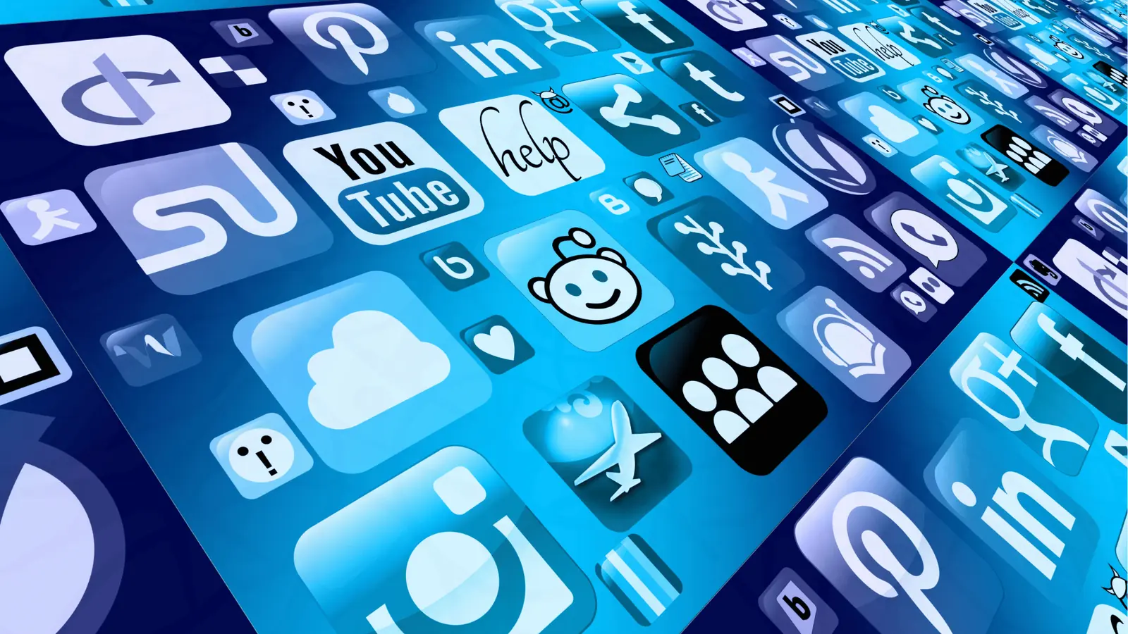 Array of blue-toned social media and app icons on angled grid for multi-brand management