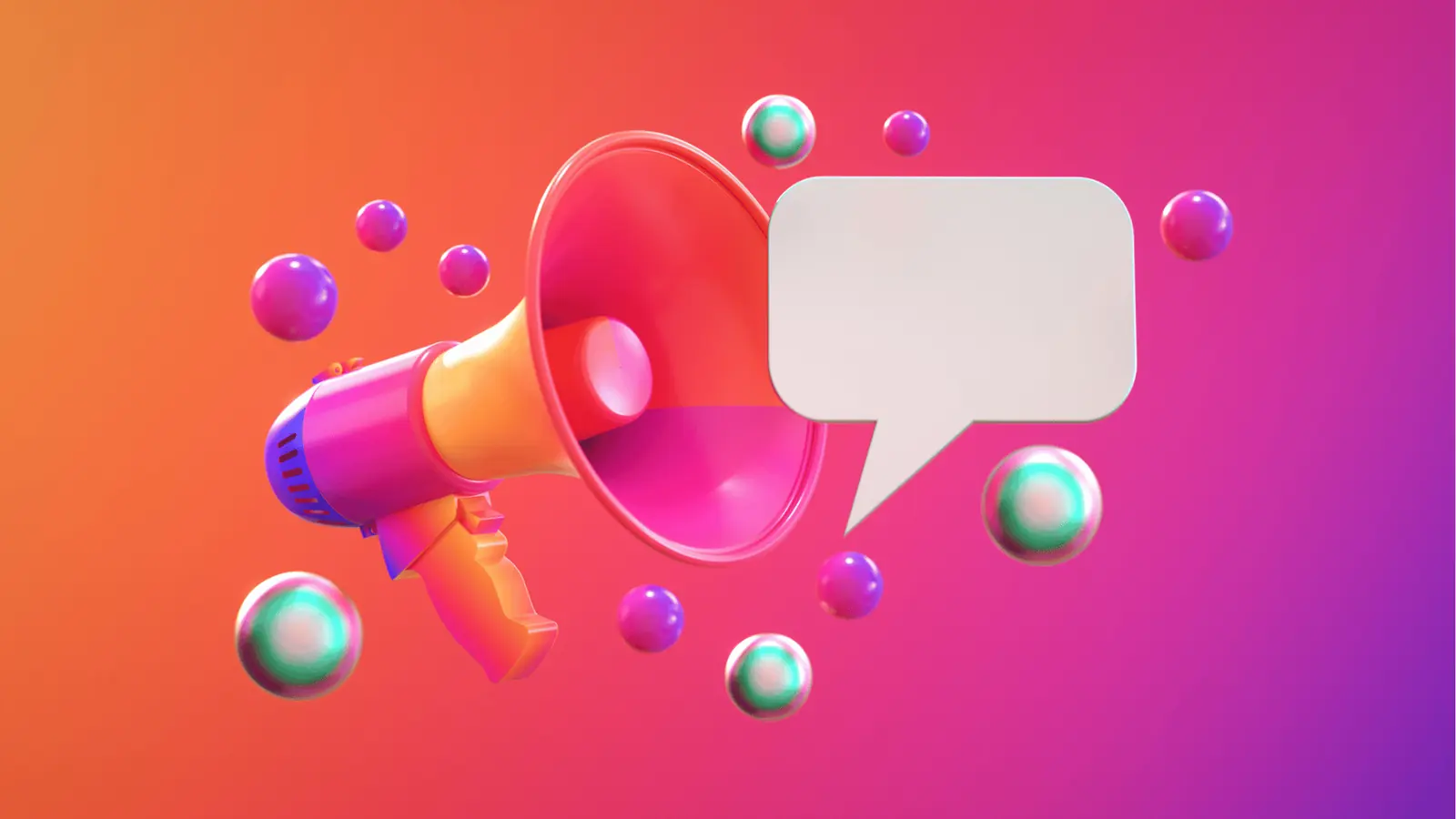 Colorful 3D megaphone with speech bubble and floating spheres on gradient background for AI-assisted workflow