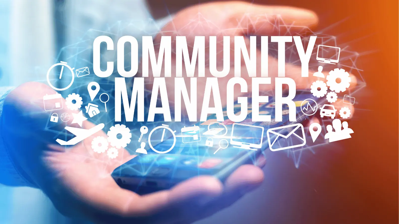 Hands holding smartphone with 'Community Manager' text and white icons for brand management
