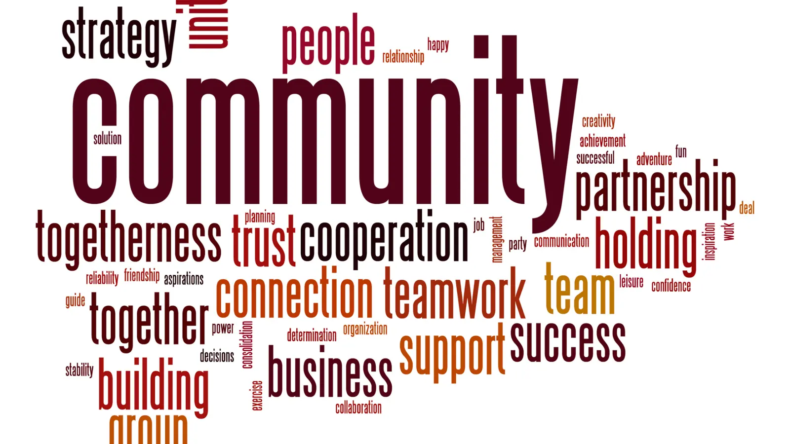 Word cloud graphic with community teamwork connection partnership words in burgundy and orange for community management