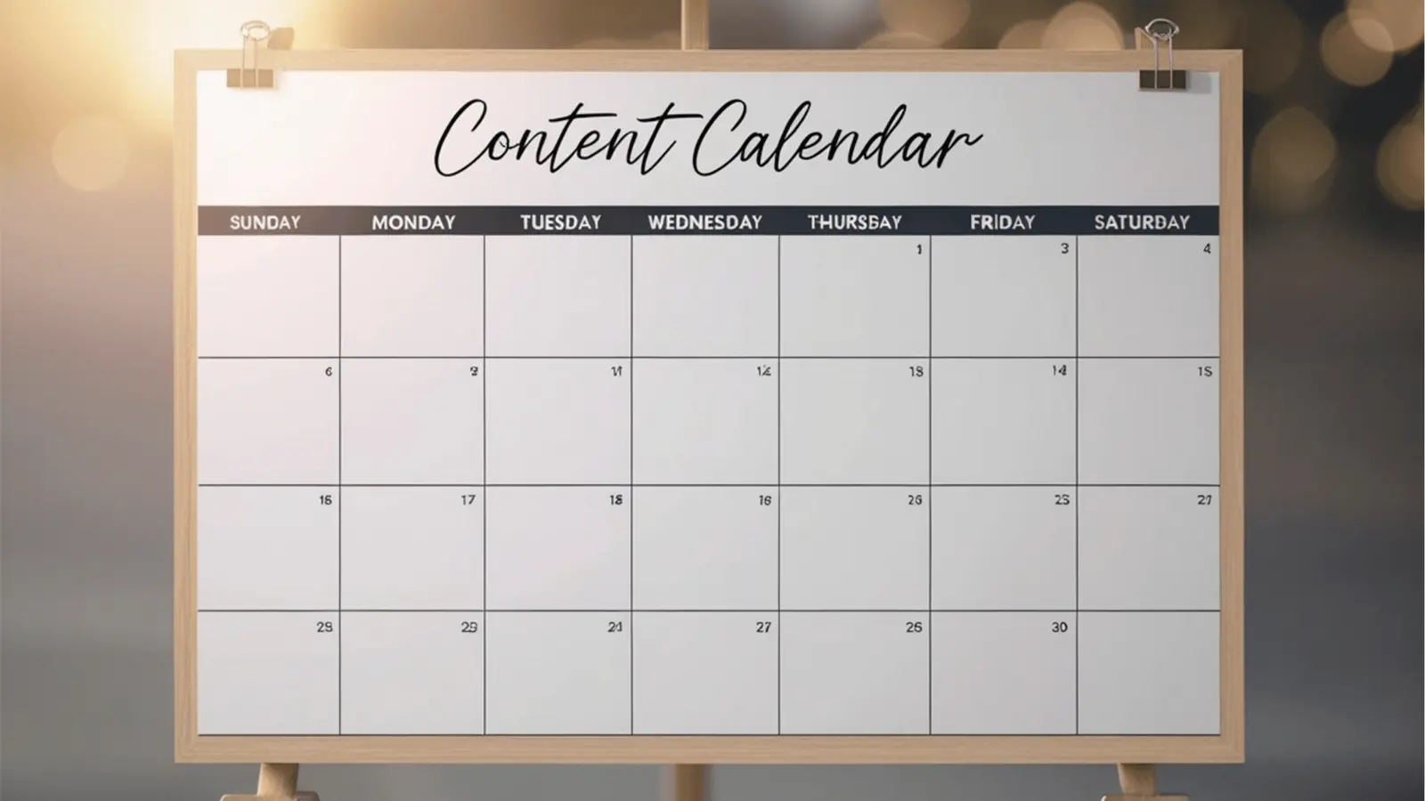 Blank monthly content calendar on wooden easel with empty date boxes for automation