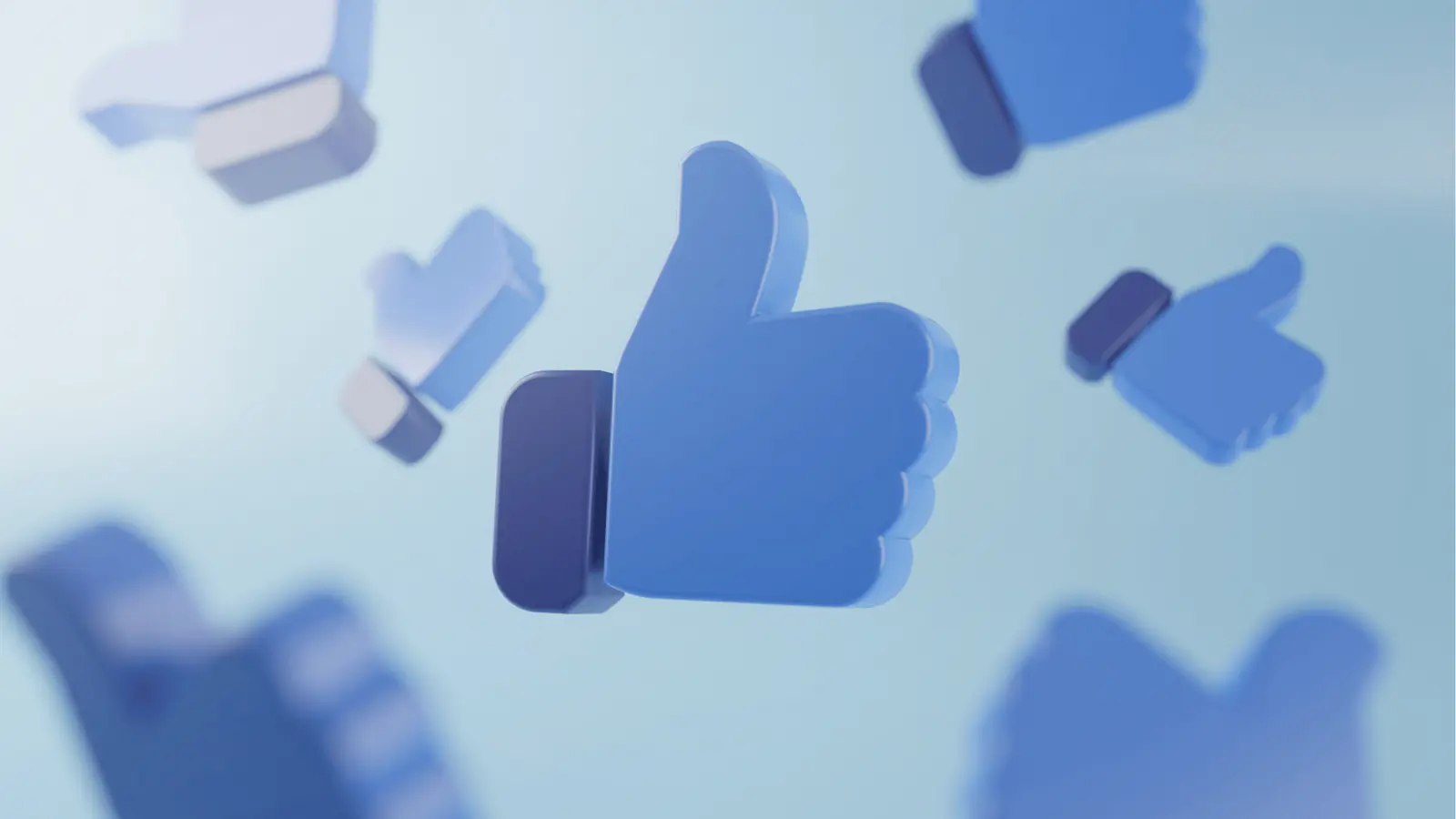 Blue 3D thumbs-up icons floating against a soft pale blue background