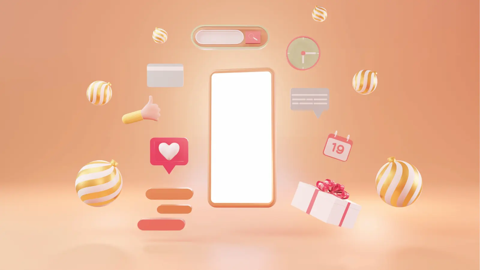 Floating smartphone surrounded by social icons, gift box, and striped ornaments