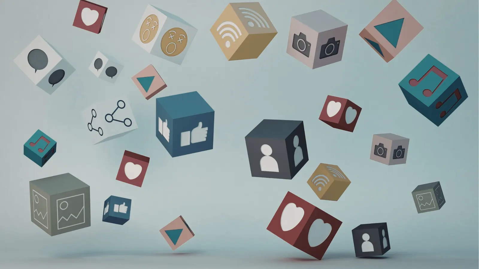 Floating 3D cubes showing various social media icons on pale background for reporting