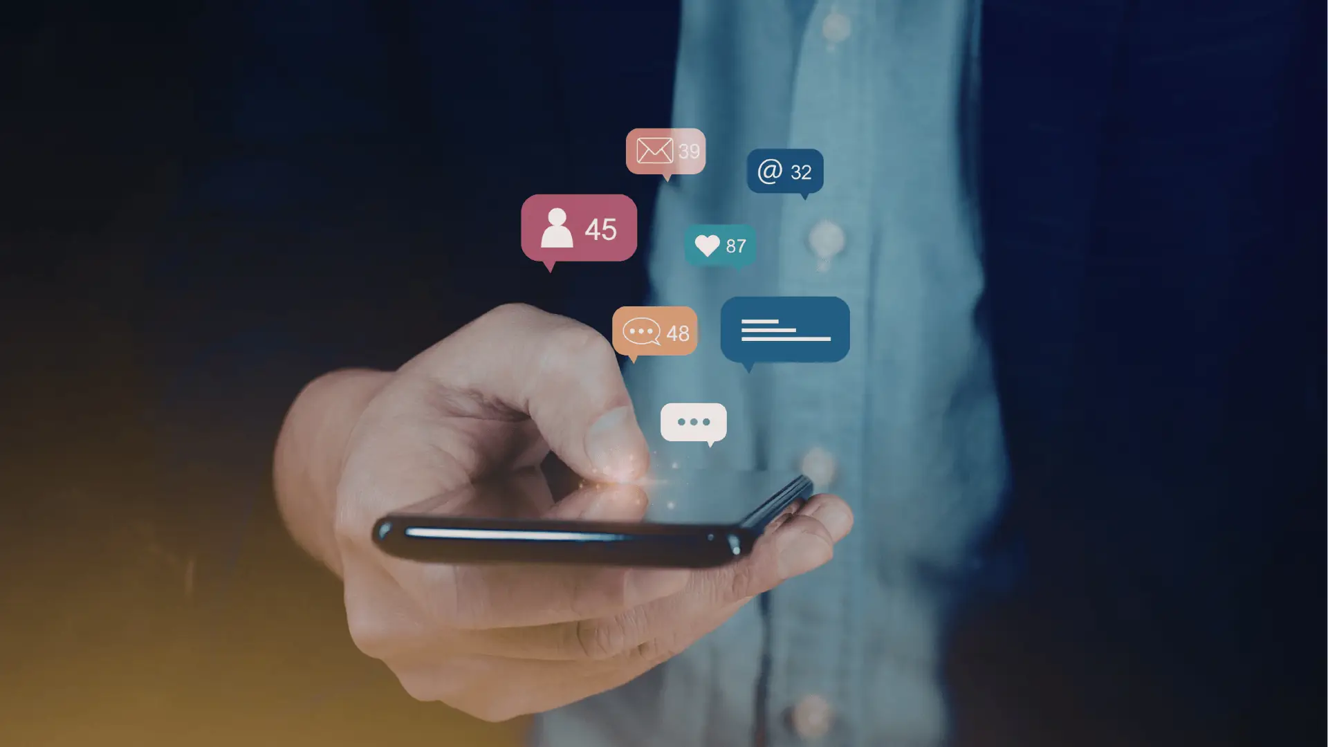 Close-up of hand holding smartphone with floating social notification icons for AI-assisted workflow