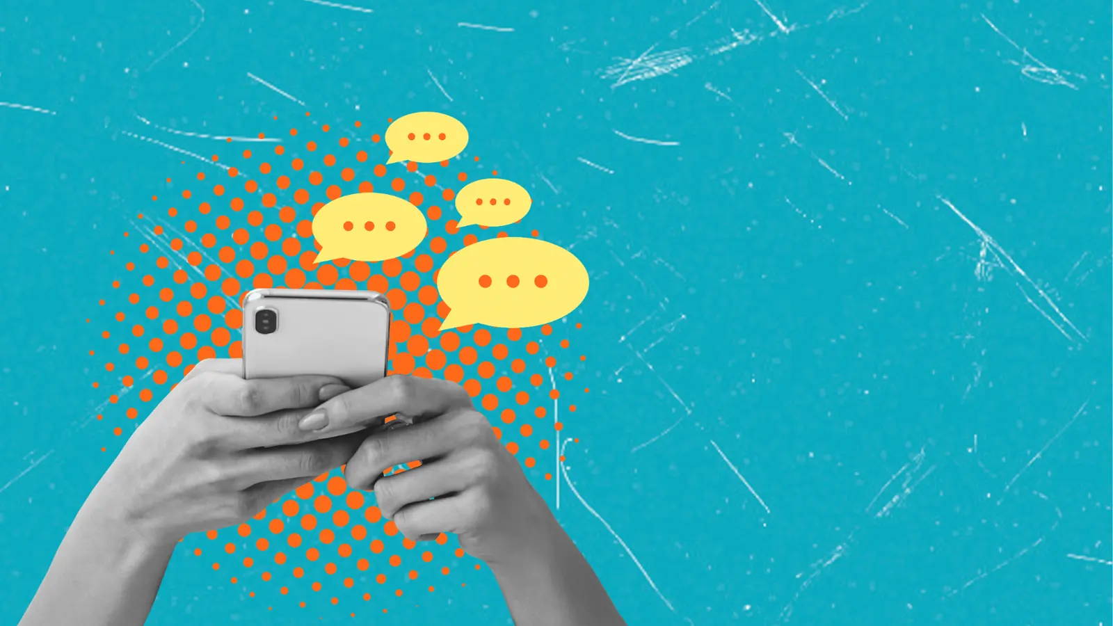 Hands holding smartphone with yellow chat bubbles over a teal background