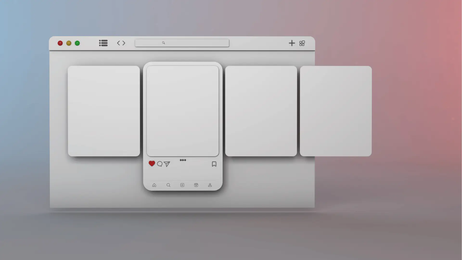 Minimal 3D Instagram-style carousel mockup inside browser window on gradient background