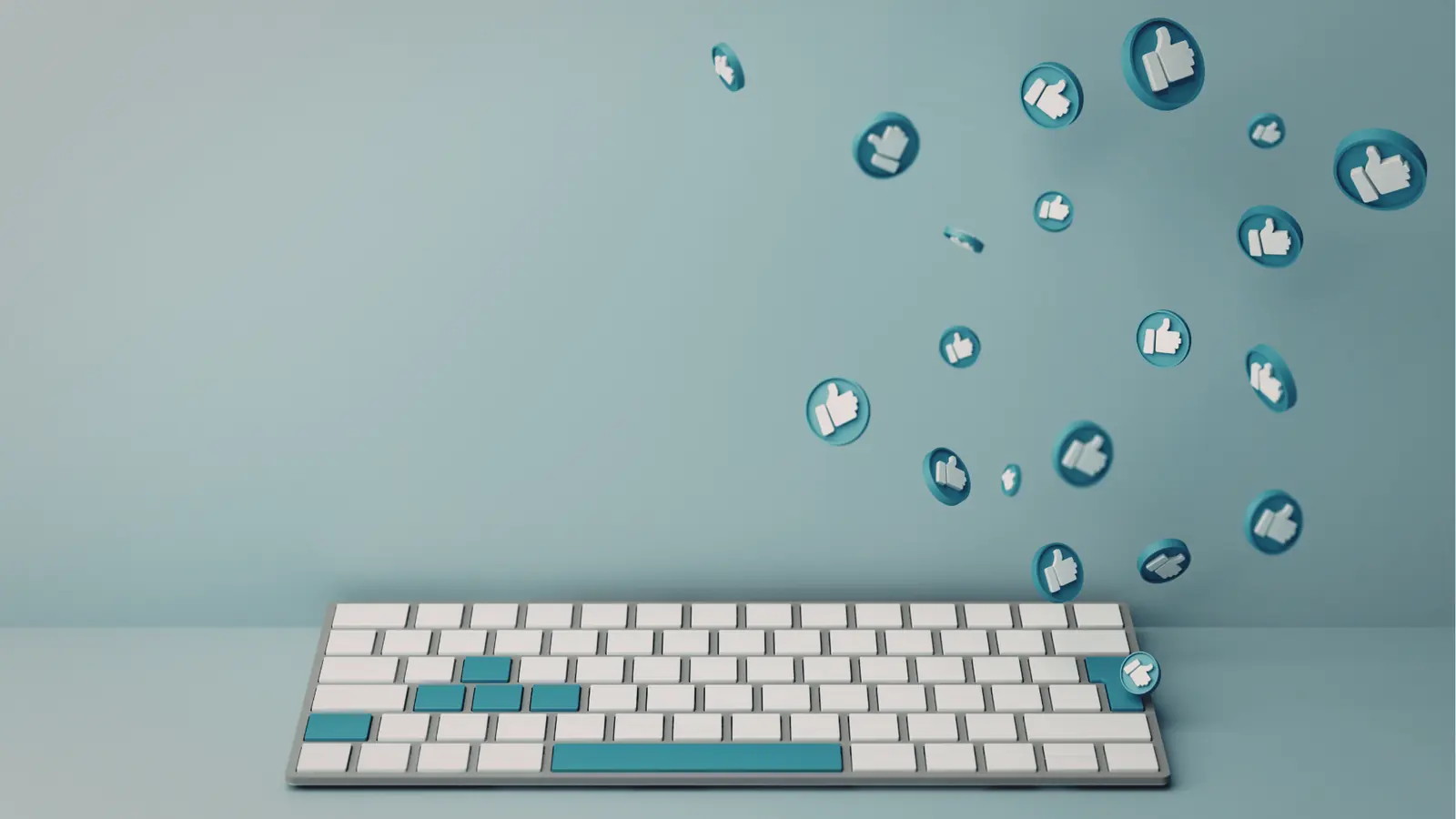 White keyboard with teal keys and floating thumbs-up icons on blue background for AI-assisted workflow