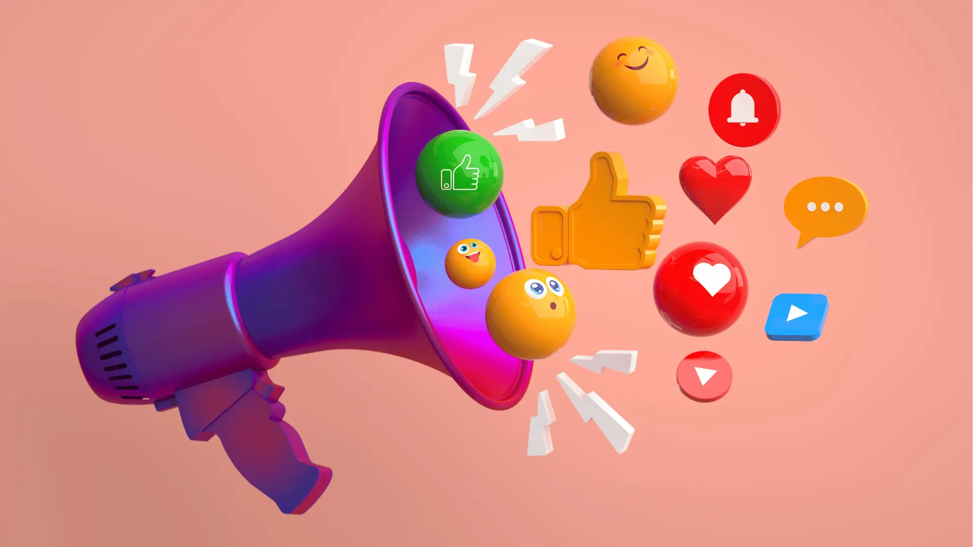 Purple megaphone projecting colorful 3D social media emojis and interaction icons for content calendar