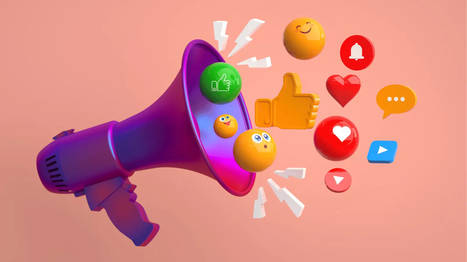 Purple megaphone projecting colorful social media reaction icons for automation