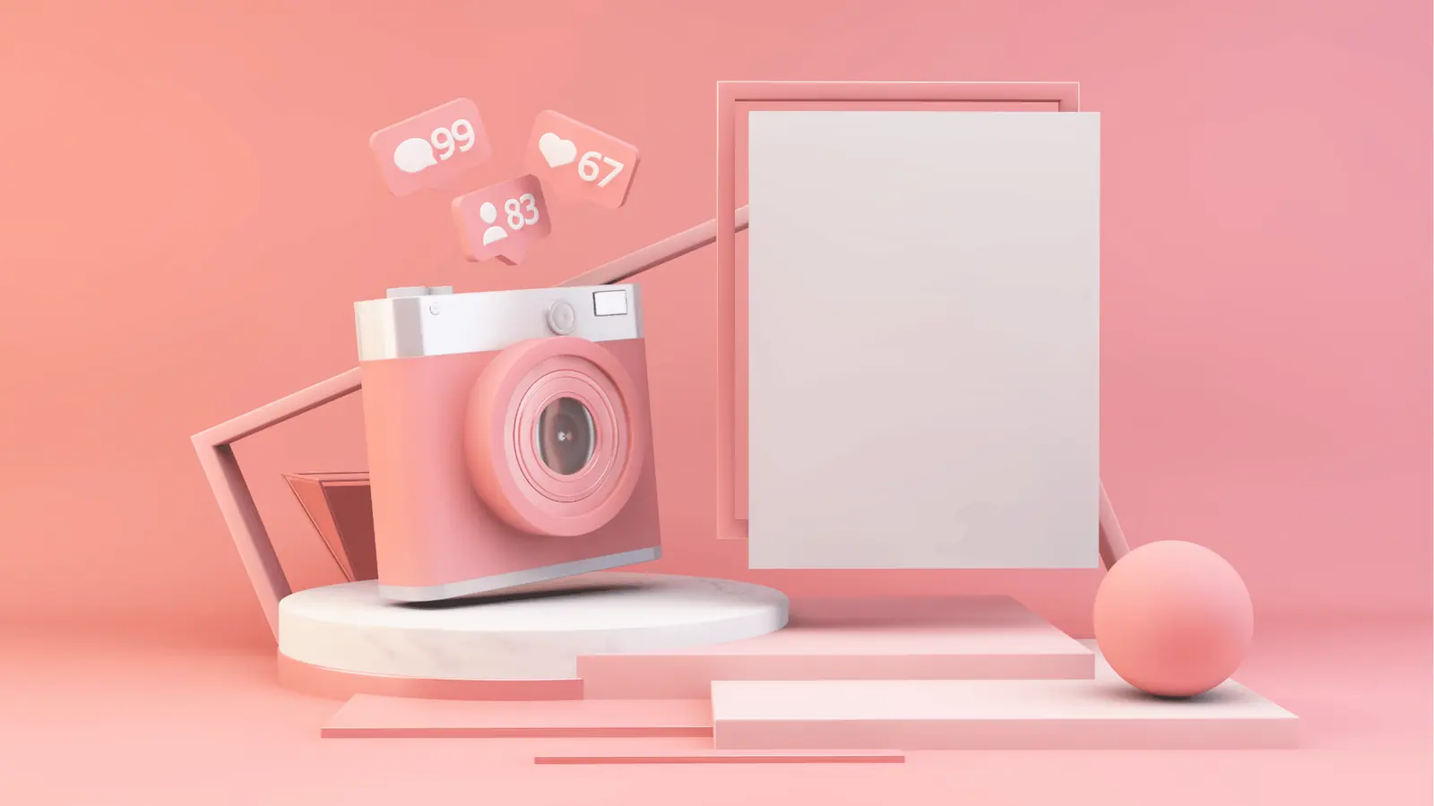 Pink 3D camera and floating social media notification icons beside blank white panel for creative brief