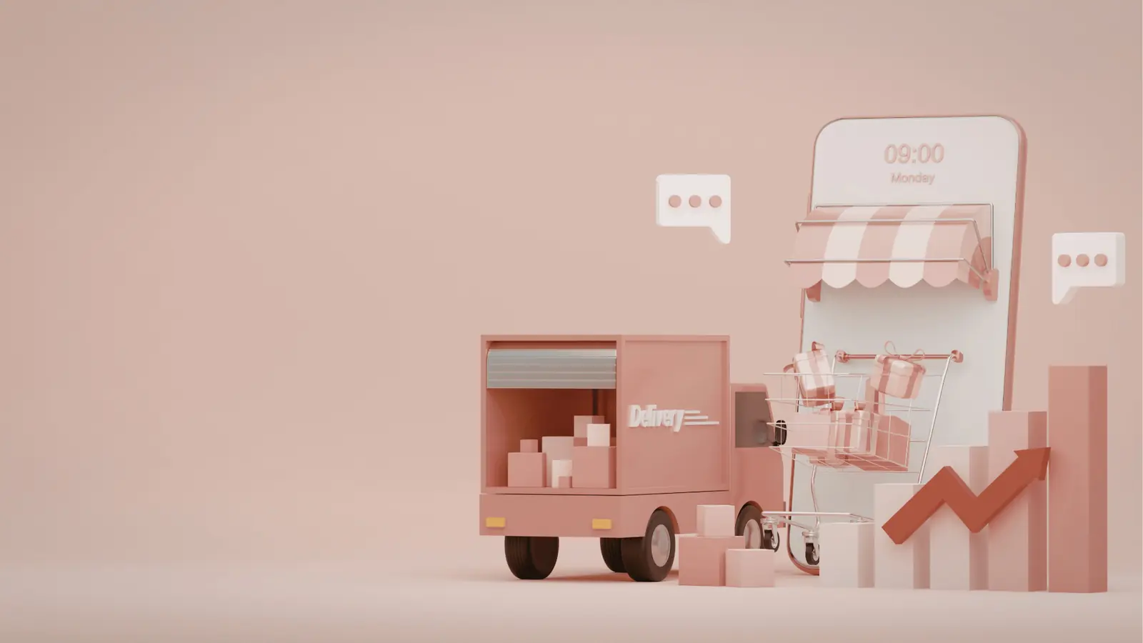 Monochrome pink 3D illustration of delivery truck, shopping cart, mobile storefront and growth chart for content calendar