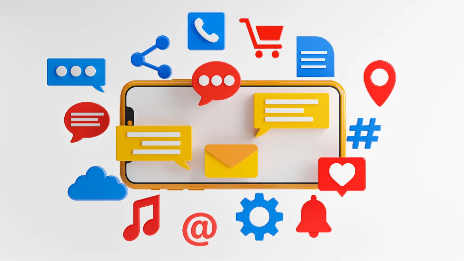 Smartphone surrounded by colorful 3D social media and app icons