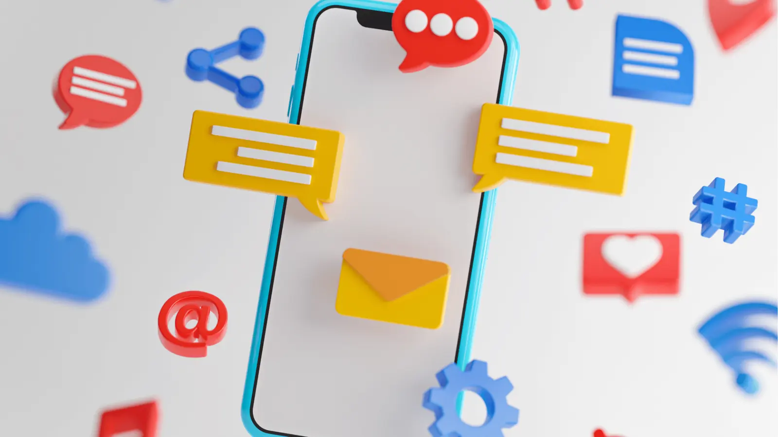 Blue-framed smartphone with colorful floating social media icons and chat bubbles