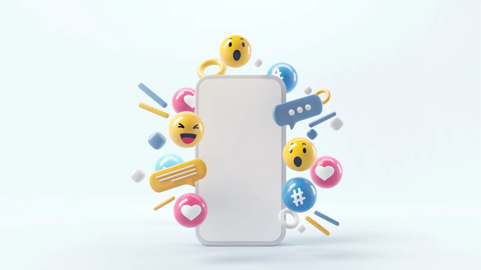 Blank smartphone mockup surrounded by colorful three-dimensional social media icons