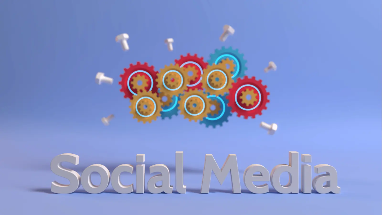 3D text Social Media with colorful floating gears and scattered bolts for content calendar