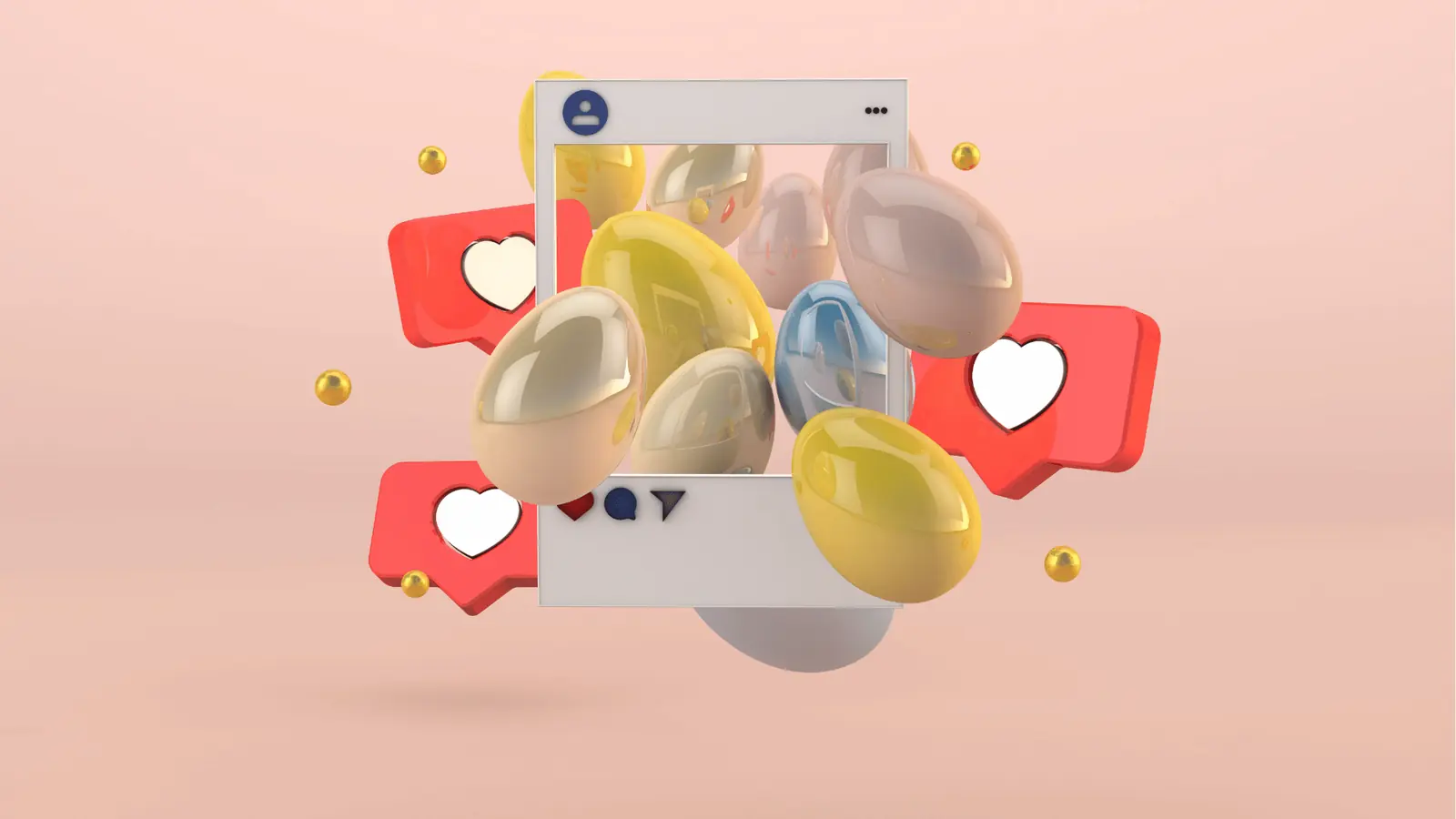 Three-dimensional social media frame with floating heart icons and glossy ovals for brand management