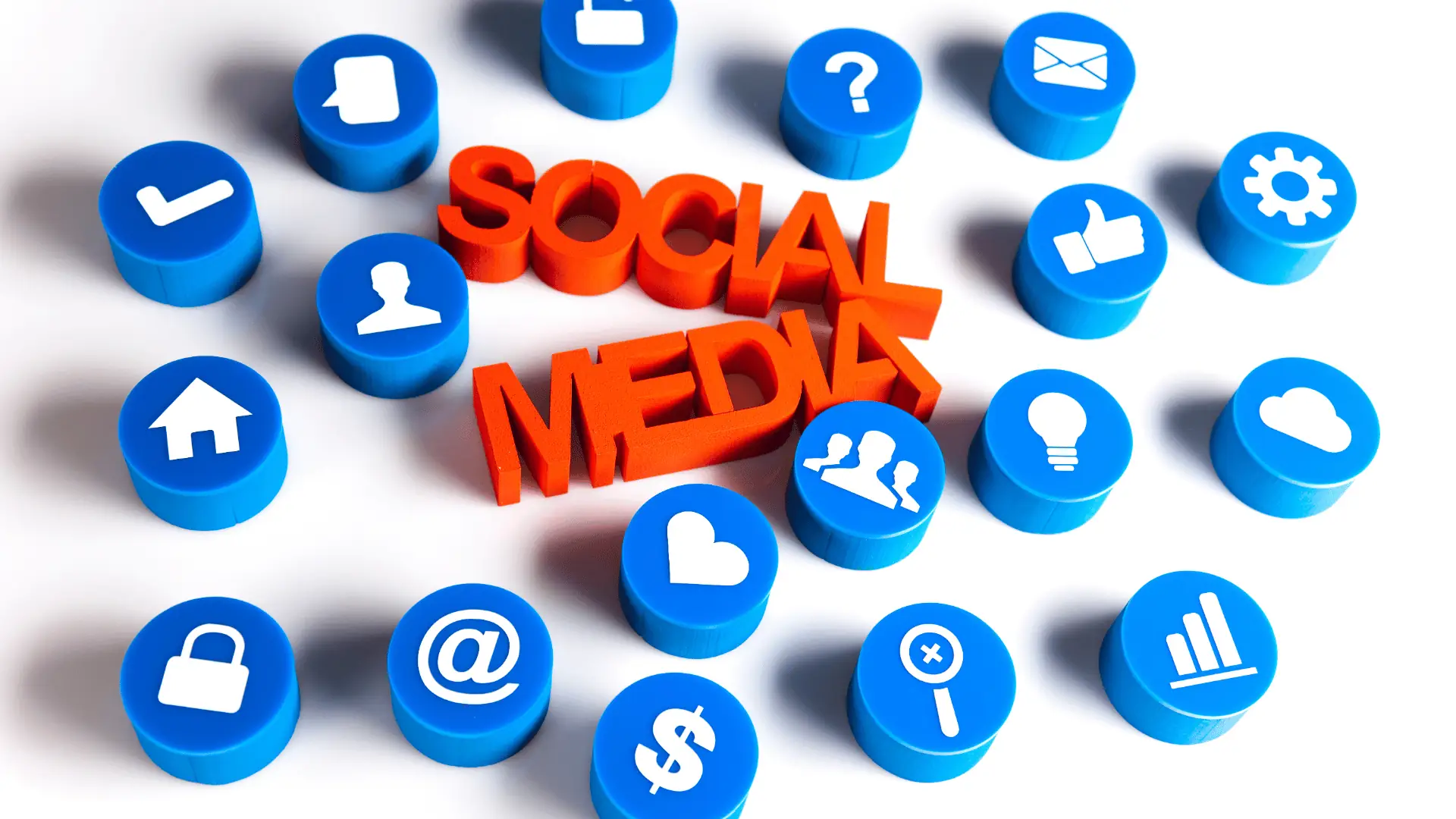 Orange three-dimensional 'social media' text surrounded by blue circular icon tokens