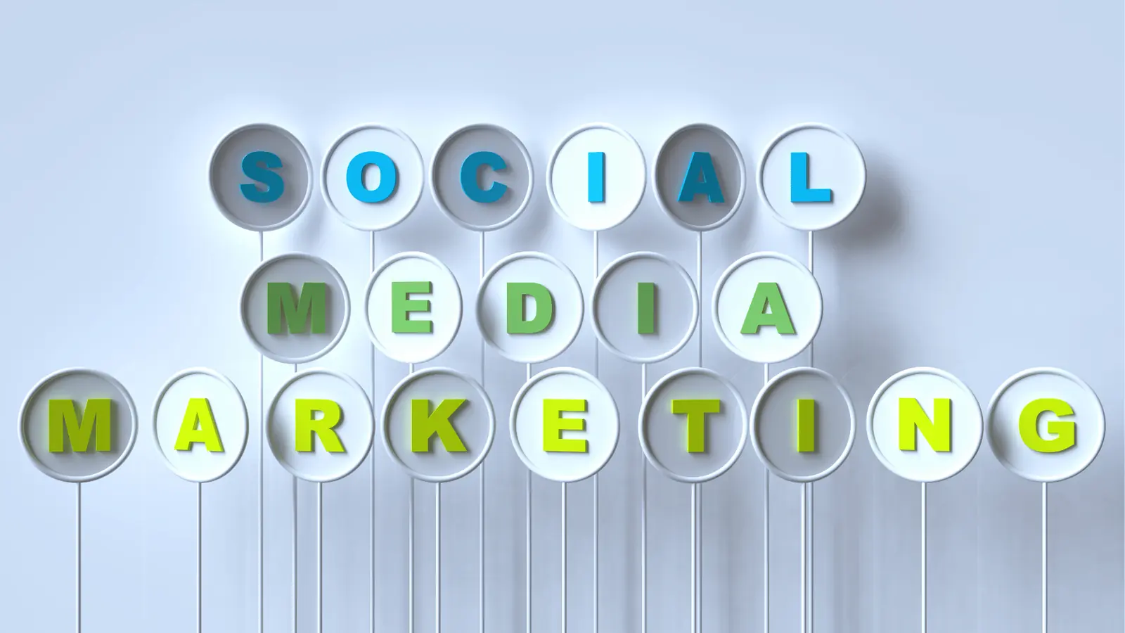 White circular signs on poles spelling 'social media marketing' in colored letters for scheduling