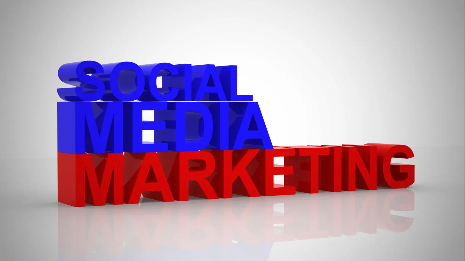 Glossy three-dimensional words 'SOCIAL MEDIA' in blue above red 'MARKETING' on white background