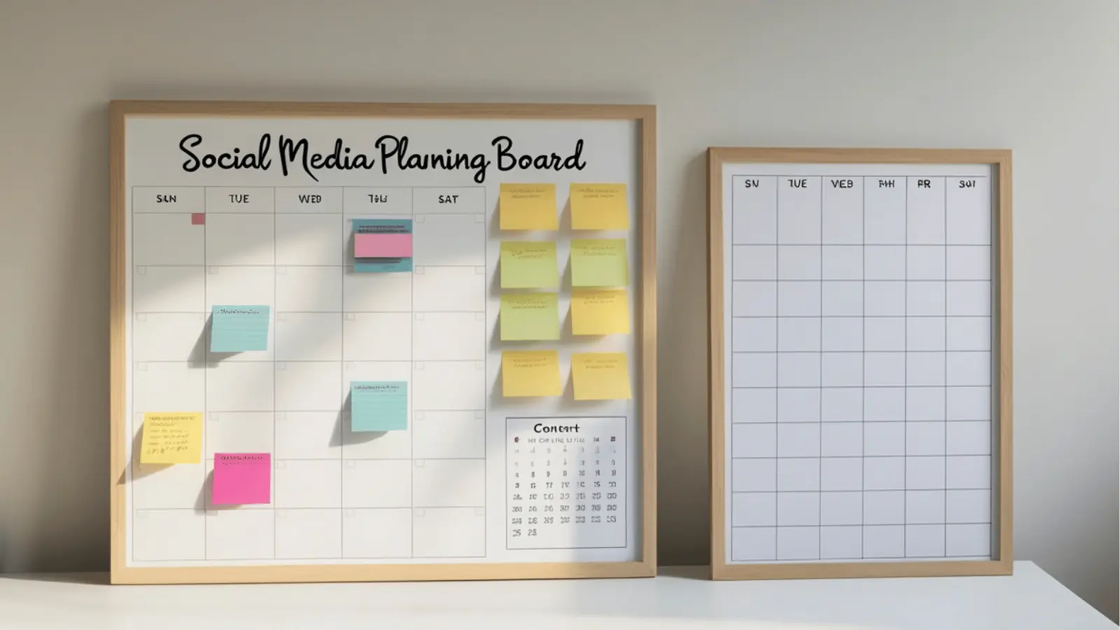 Two framed monthly planning boards with sticky notes and blank calendar grid for approval workflow