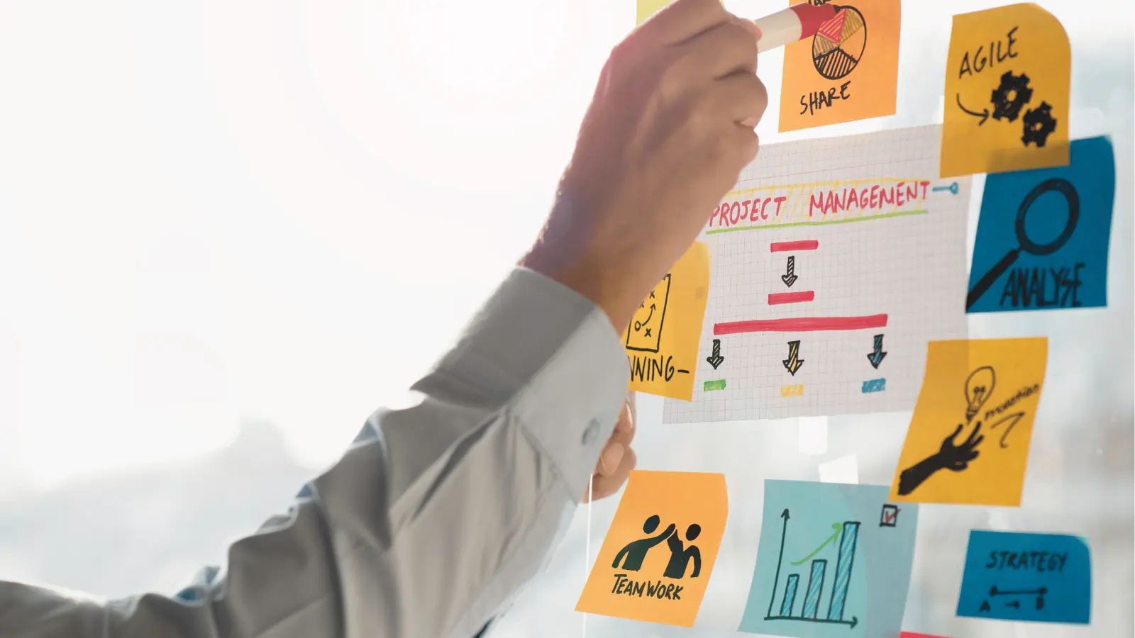 Hand placing sticky notes and a project management diagram on glass wall for workflow