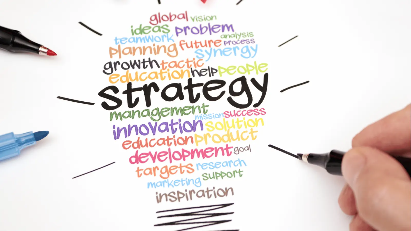 Hand drawing colorful word-cloud lightbulb centered on the word strategy