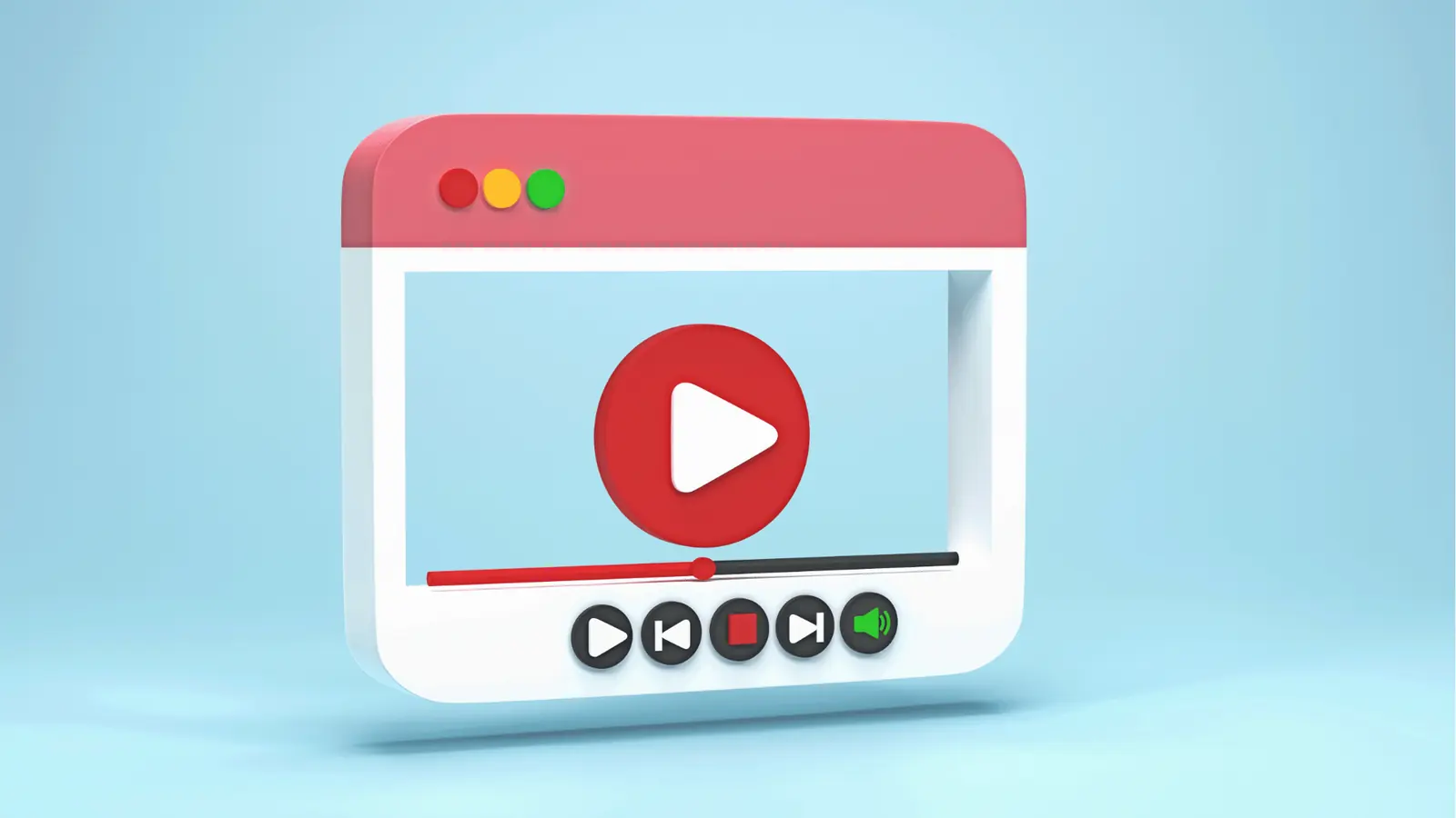 3D browser window with large red play button and media controls