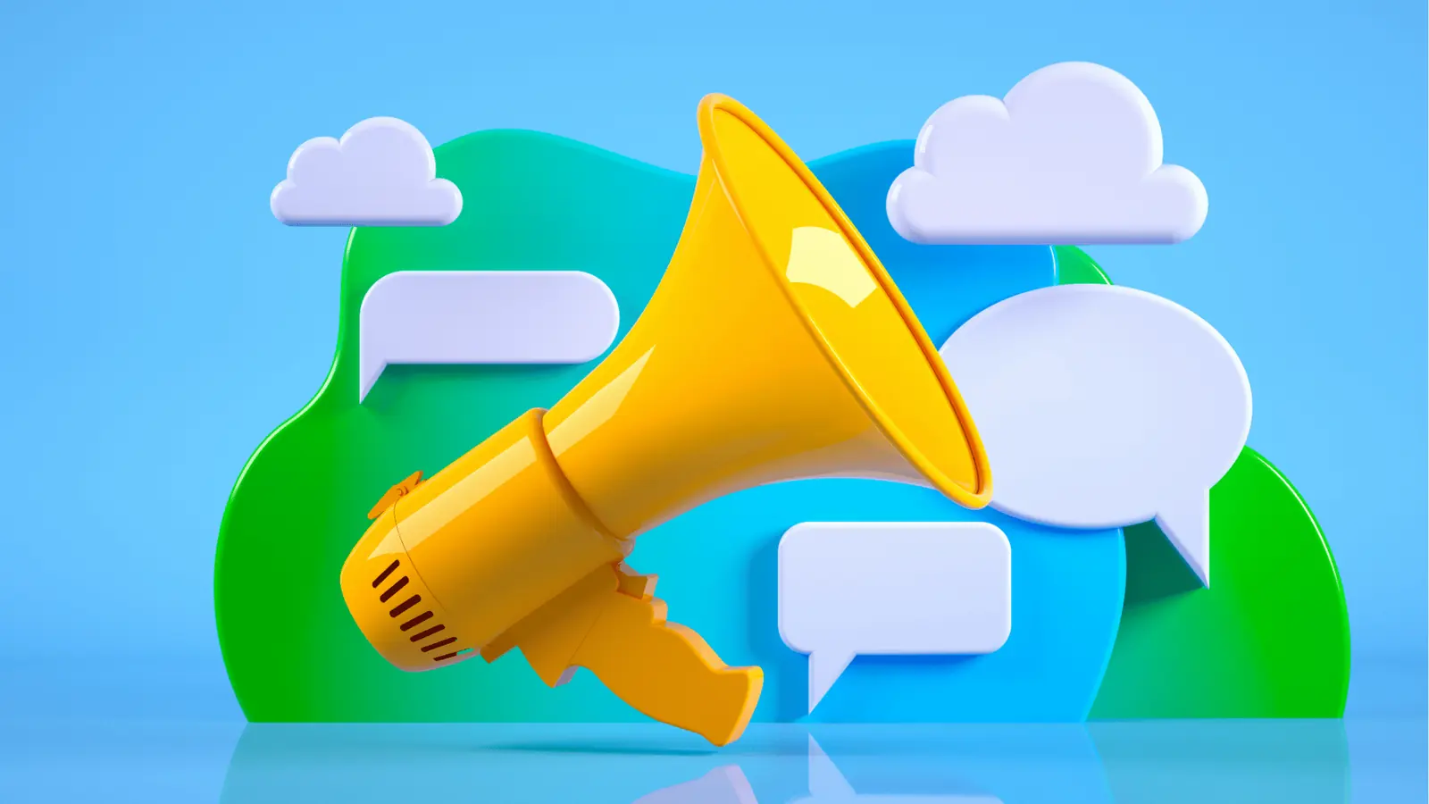 Yellow megaphone with white chat bubbles and stylized cloud background for planning
