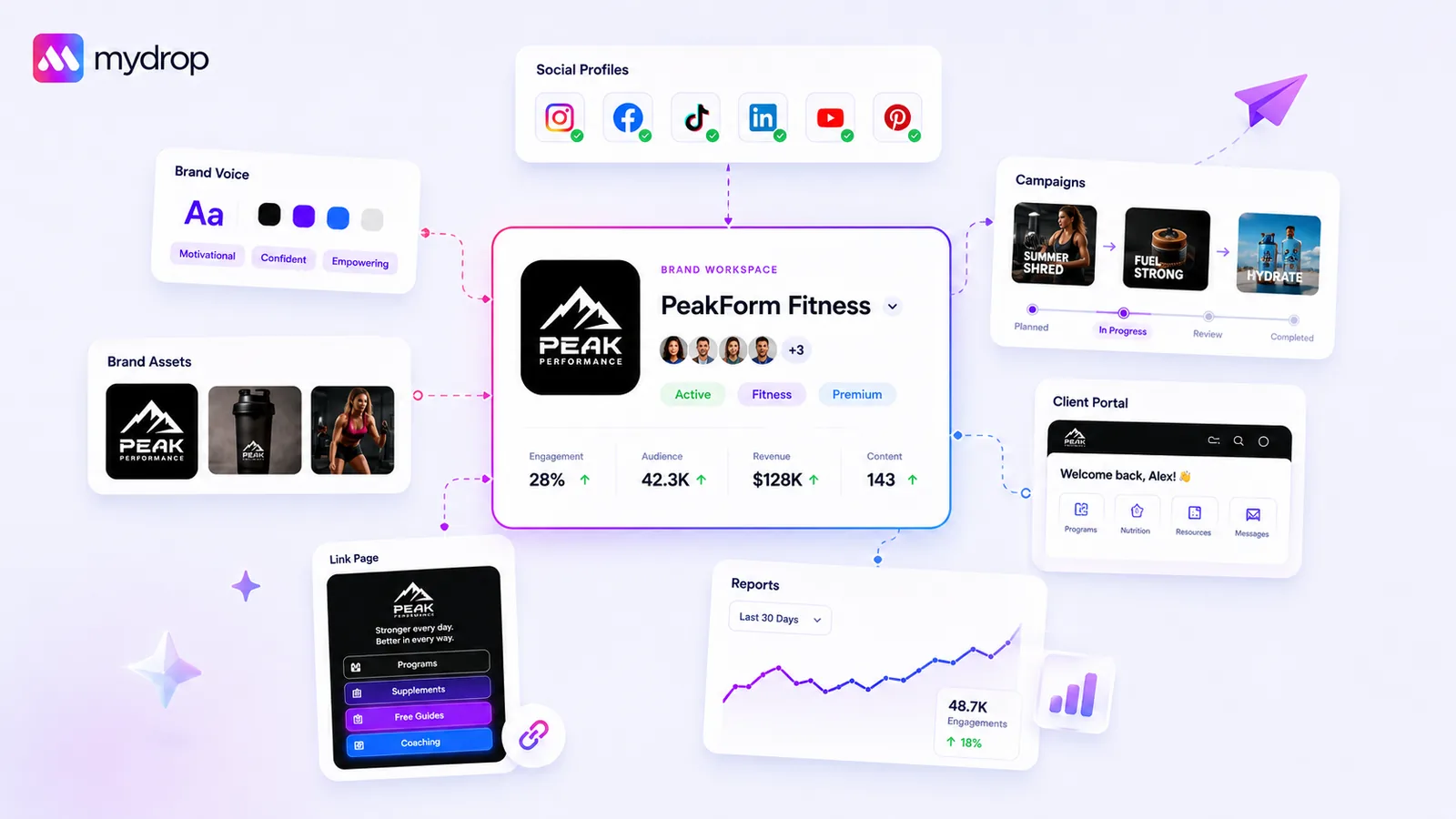 Mydrop brand workspace with profiles, assets, voice, portal, links, campaigns, reports, and client conversation