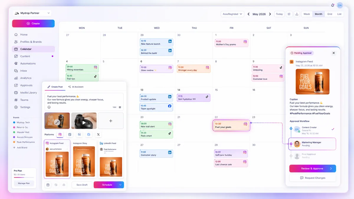 Mydrop social media calendar with posts organized by brand