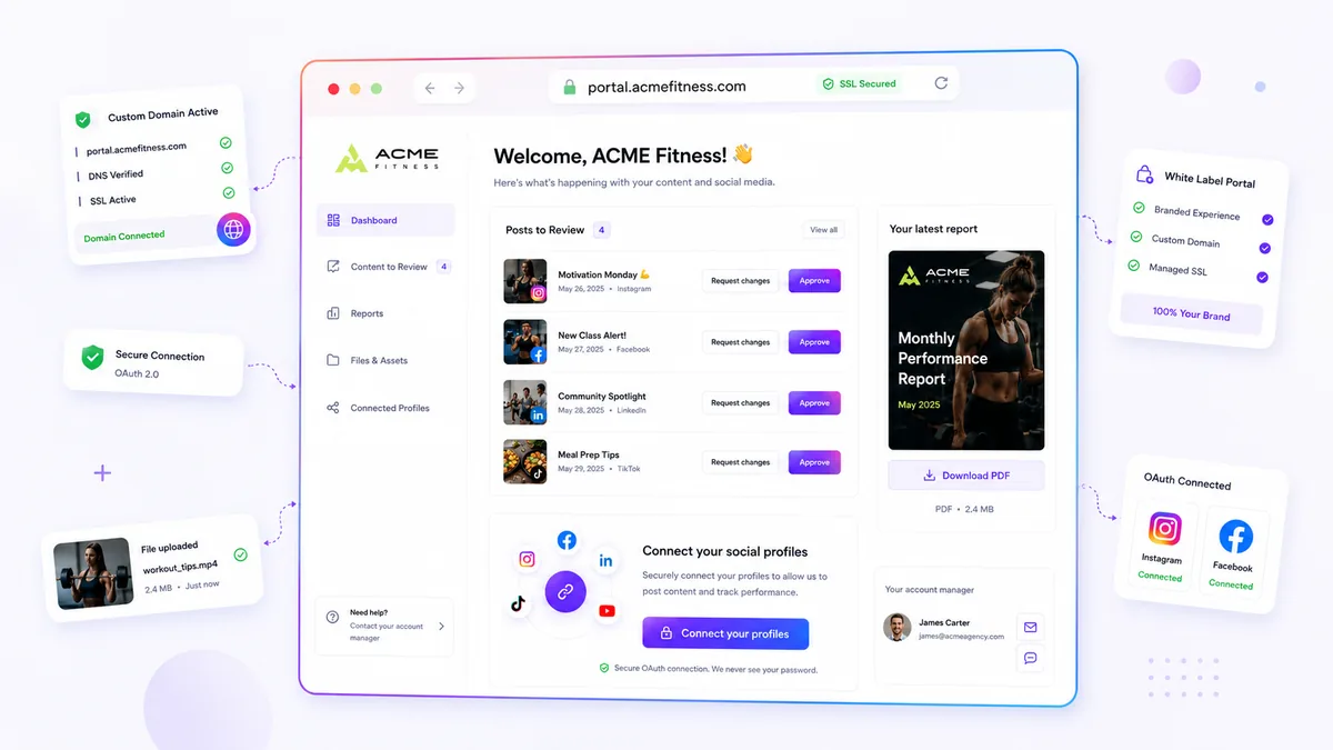 Mydrop client portal with approvals, files, reports, and profile connection