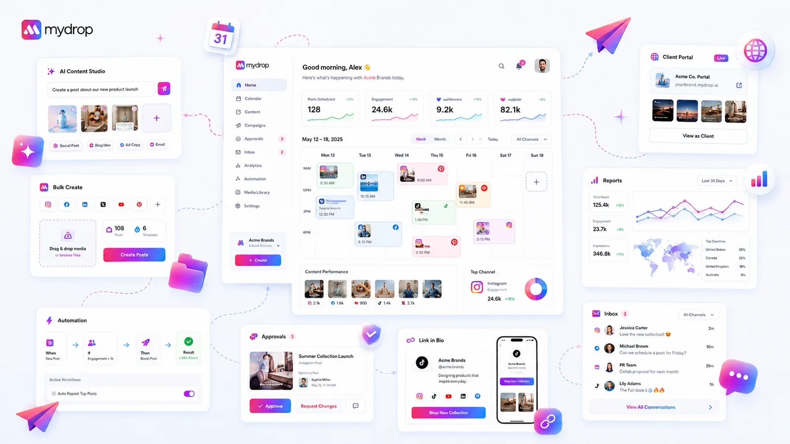 Mydrop social media dashboard with calendar, AI assistant, inbox, approvals, and reports