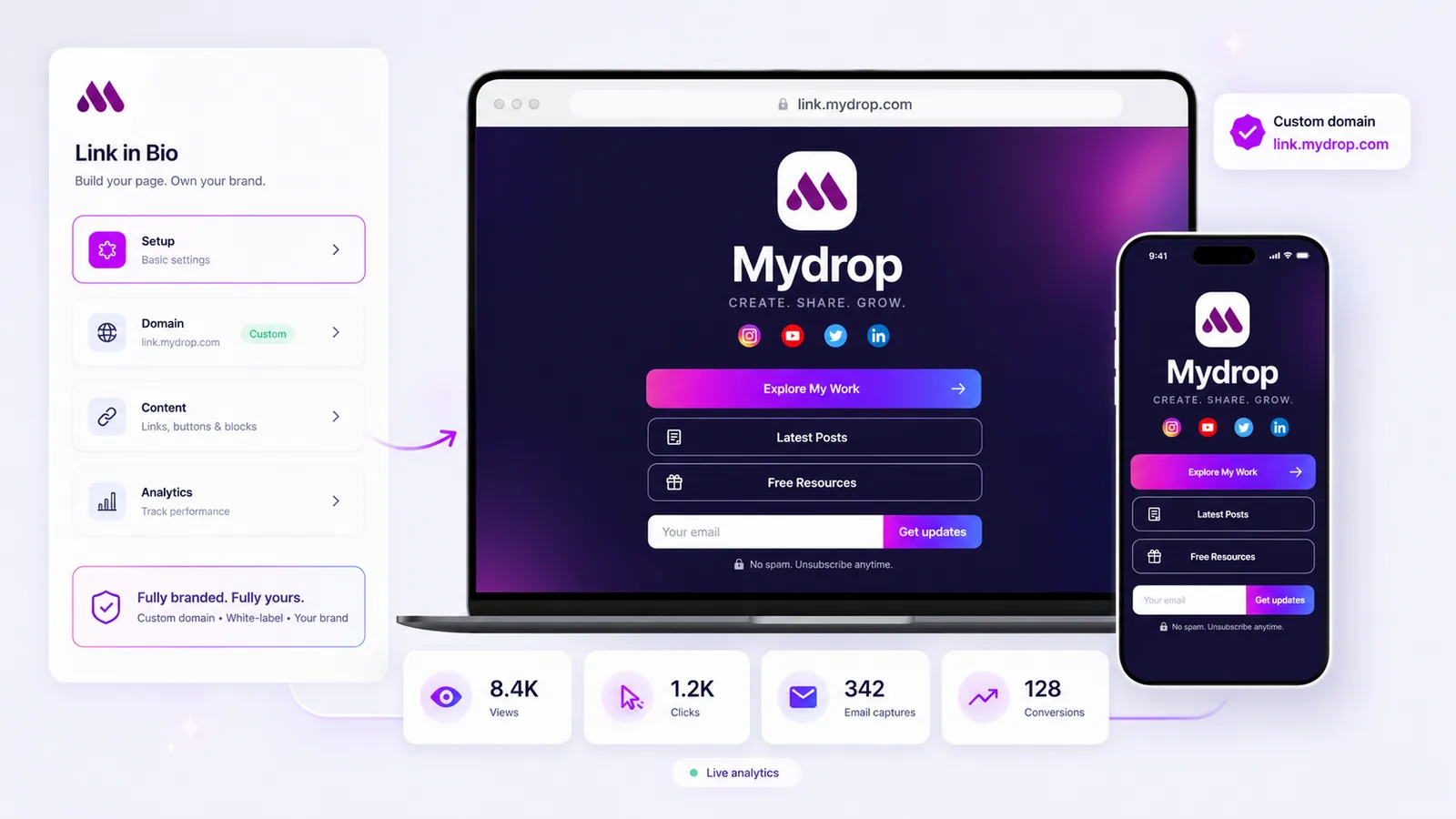 Mydrop link-in-bio page builder and mobile preview
